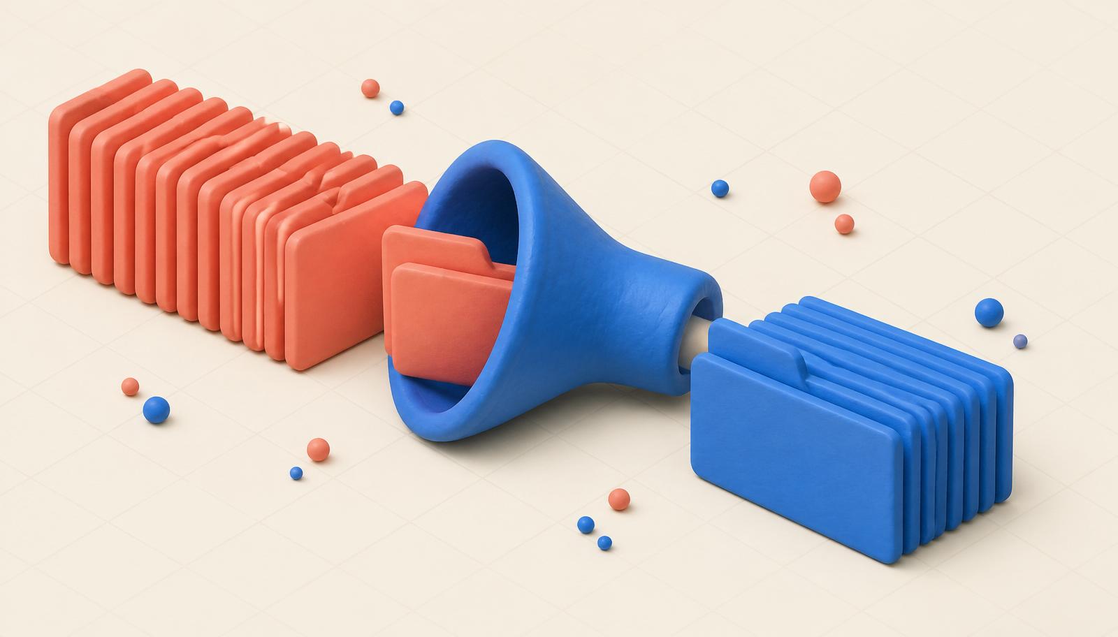 A stack of coral WebP file cards flowing through a Bluebird blue funnel and emerging as a neat stack of blue JPEG cards