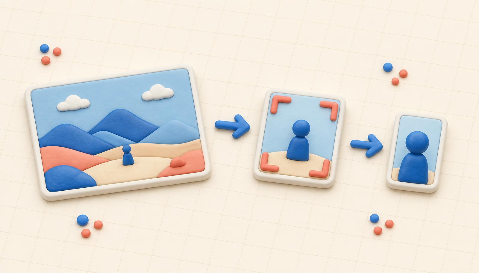 Three-stage sequence: large landscape photo, then a coral crop-frame tightly around a small portrait, then a small compressed passport photo