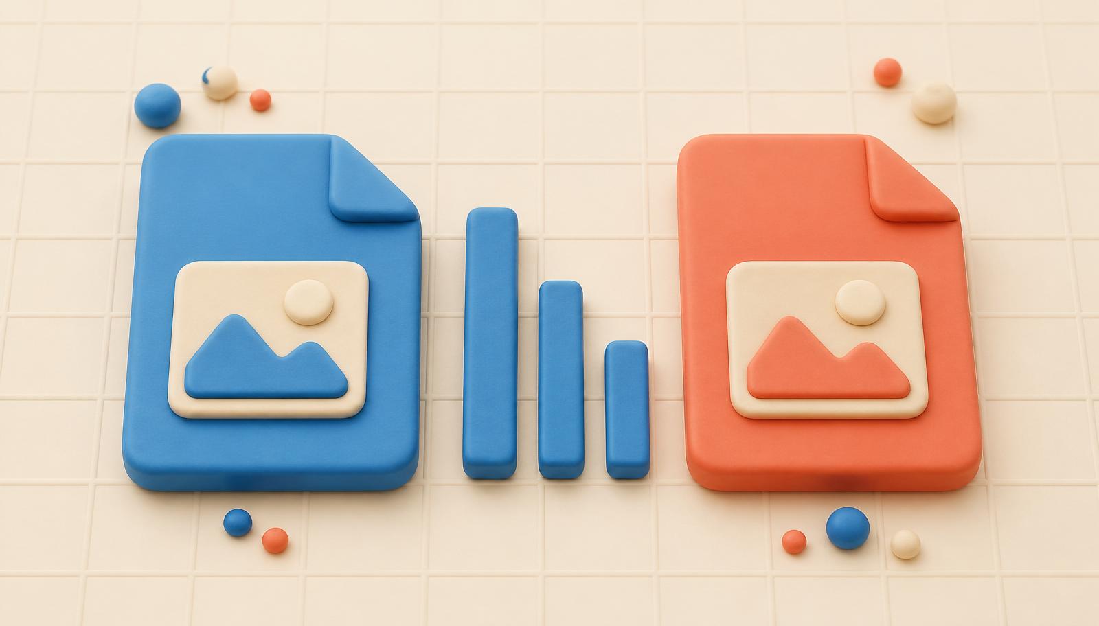 Two matte file badges side by side (blue JPEG, coral PNG) with a Bluebird blue bar chart showing size comparison between them