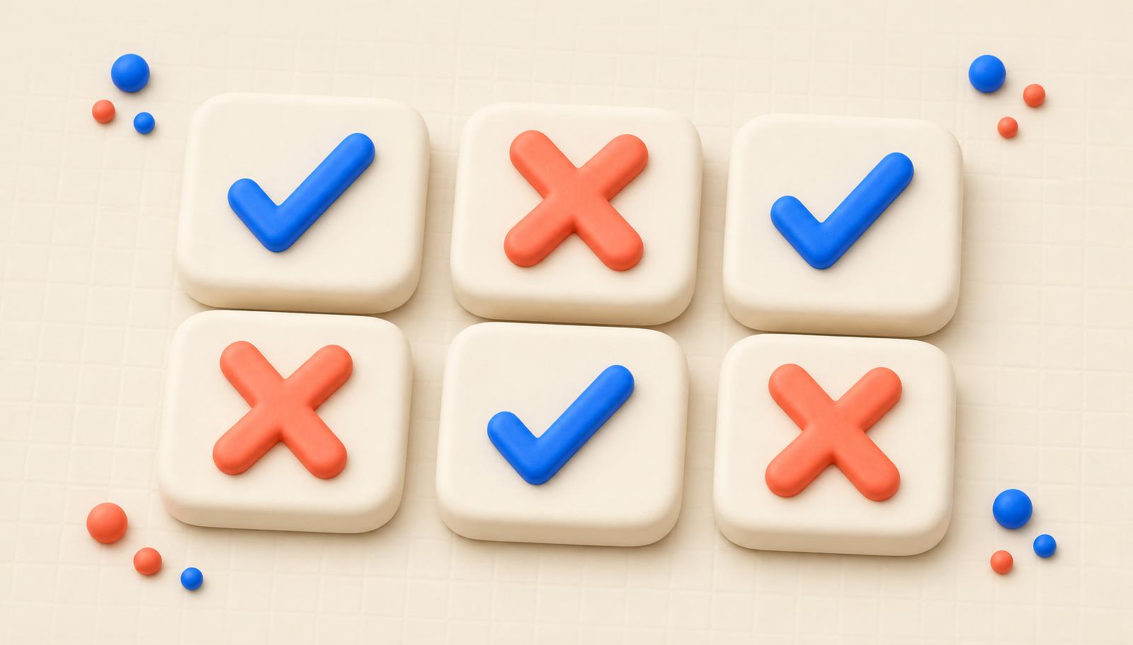 A 3x2 grid of matte cards showing a mix of Bluebird blue checkmarks and coral X-marks
