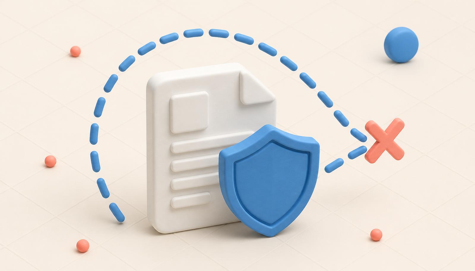 Document card protected by a Bluebird blue shield with a dashed transmission arc blocked by a coral X-mark