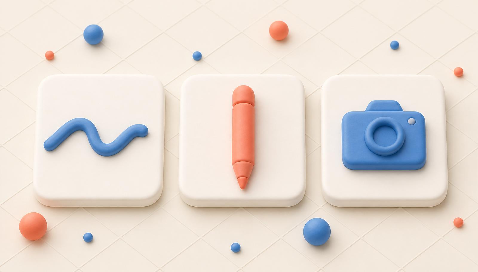 Three matte cards showing a wavy stroke (draw), an upright pen (type), and a camera icon (photo) as three signature options