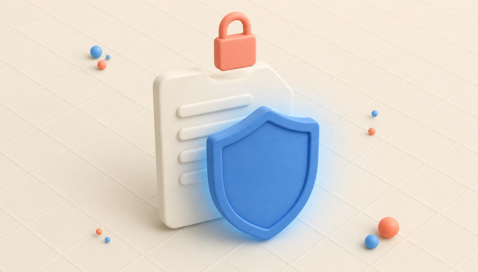 Document card protected by a Bluebird blue shield with a coral padlock icon above it