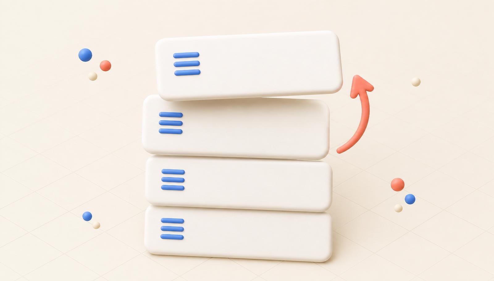 Stack of matte document cards with blue drag-handle grips, one card being lifted out of the stack with a coral arrow