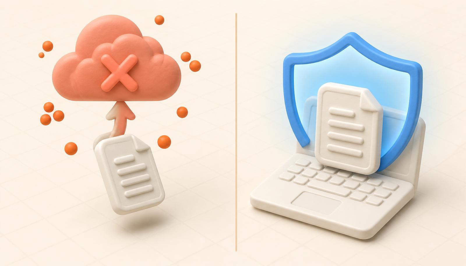 Split scene: on the left a document card being uploaded to a coral cloud with warning dots and an X-mark; on the right the same document safely on a laptop protected by a blue shield